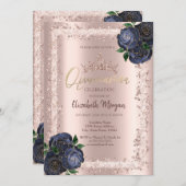 Navy Blue Rose, Glitzer Frame Crown Quinceañera Einladung (Vorne/Hinten)