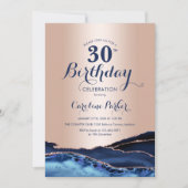 Navy Blue Rose Gold Agate 30. Geburtstag Einladung (Vorderseite)