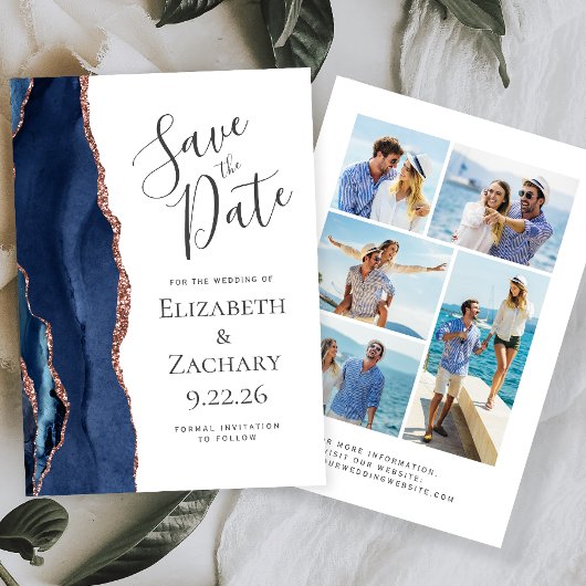 Navy Blue Rose Gold Agate 5-Foto Save the Date Einladung