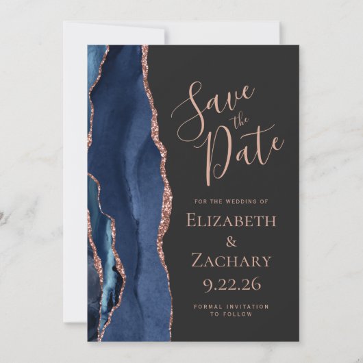 Navy Blue Rose Gold Agate Dark Save the Date (Vorderseite)