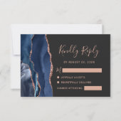 Navy Blue Rose Gold Agate Dark Wedding RSVP (Vorderseite)