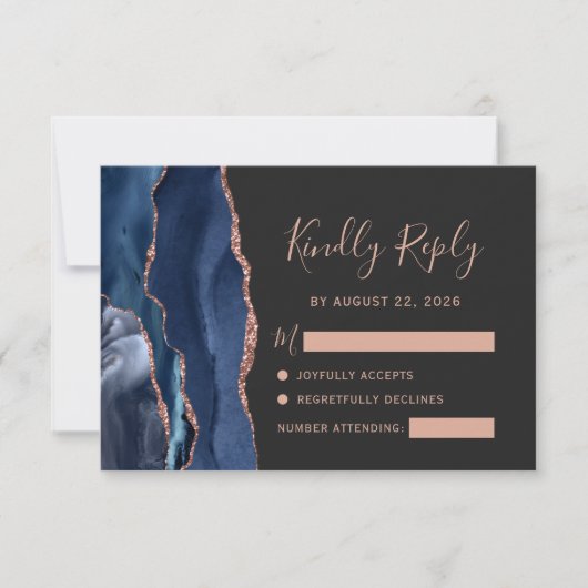 Navy Blue Rose Gold Agate Dark Wedding RSVP (Vorderseite)
