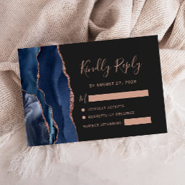 Navy Blue Rose Gold Agate Dark Wedding RSVP