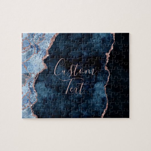 Navy Blue & Rose Gold Agate Marble Custom Text Puzzle (Horizontal)