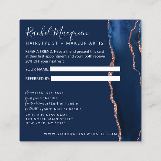 Navy Blue Rose Gold Agate Marble Empfehlungskarte (Rückseite)