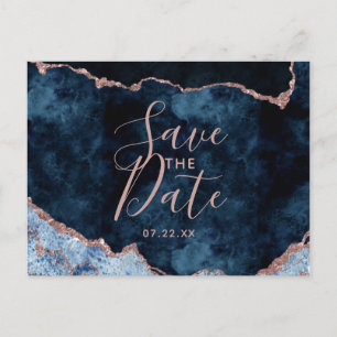 Navy Blue Rose Gold Agate Marble Save the Date Ankündigungspostkarte