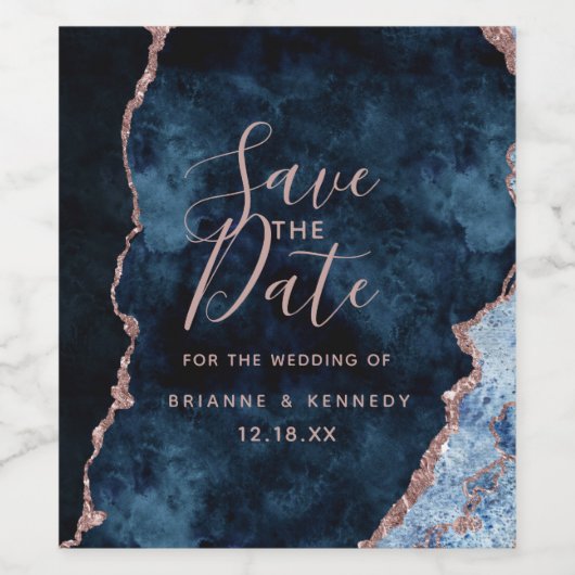 Navy Blue Rose Gold Agate Marble Save the Date Weinetikett (Einzelnes Label)