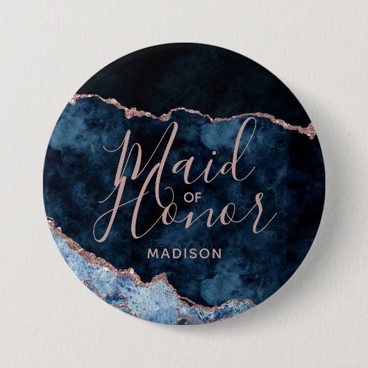 Navy Blue & Rose Gold Agate Marble Trauzeugin Button (Vorderseite)