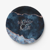Navy Blue Rose Gold Agate Marble Wedding Monogram Pappteller (Vorderseite)