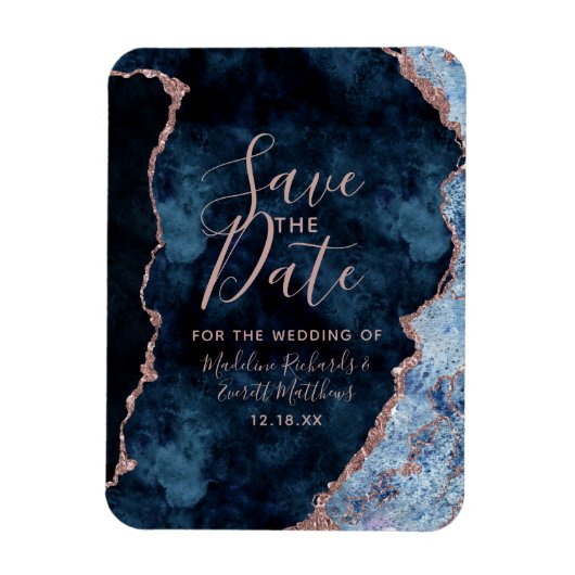Navy Blue Rose Gold Agate Save the Date Wedding Magnet (Vertikal)