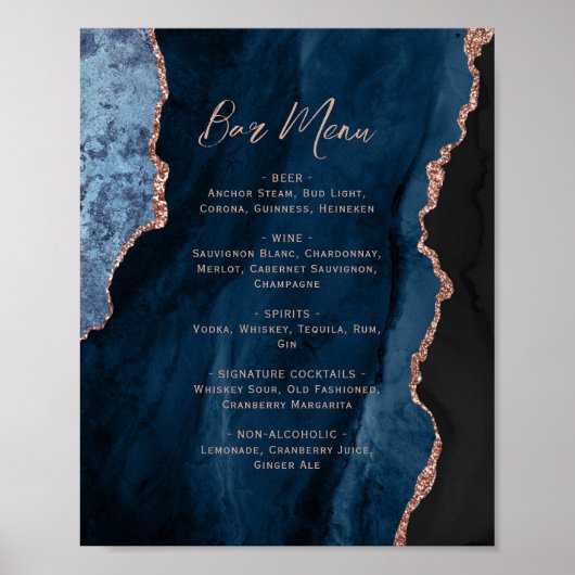 Navy Blue Rose Gold Agate Script Wedding Bar Menu  Poster (Vorne)