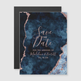 Navy Blue Rose Gold Agate Wedding Save the Date Magneteinladung