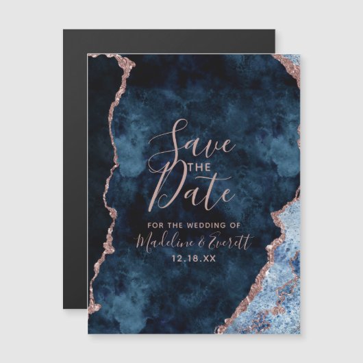 Navy Blue Rose Gold Agate Wedding Save the Date Magneteinladung (Vorne/Hinten)