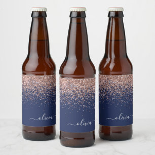 Navy Blue Rose Gold Blush Pink Glitzer Monogram Bierflaschenetikett