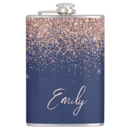 Navy Blue Rose Gold Blush Pink Glitzer Monogram Flachmann