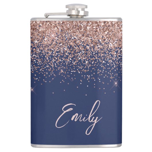 Navy Blue Rose Gold Blush Pink Glitzer Monogram Flachmann (Vorderseite)