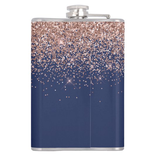 Navy Blue Rose Gold Blush Pink Glitzer Monogram Flachmann (Rückseite)