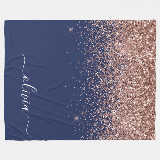 Navy Blue Rose Gold Blush Pink Glitzer Monogram Fleecedecke (Vorderseite (Horizontal))