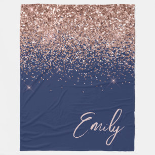 Navy Blue Rose Gold Blush Pink Glitzer Monogram Fleecedecke