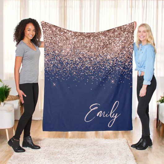 Navy Blue Rose Gold Blush Pink Glitzer Monogram Fleecedecke