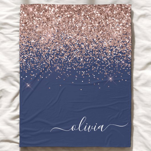 Navy Blue Rose Gold Blush Pink Glitzer Monogram Fleecedecke