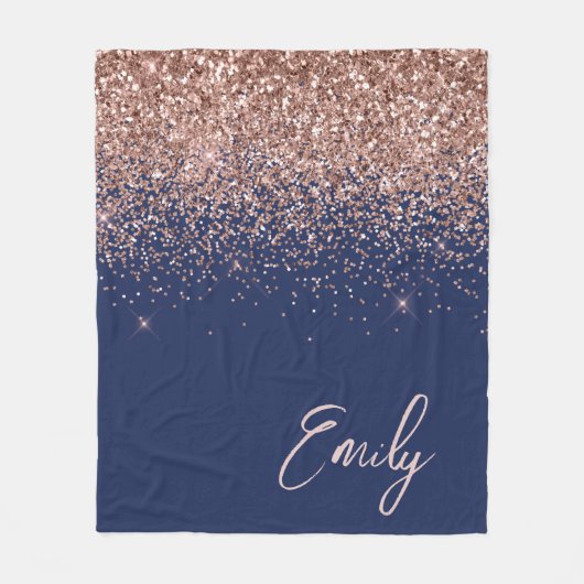 Navy Blue Rose Gold Blush Pink Glitzer Monogram Fleecedecke (Vorderseite)
