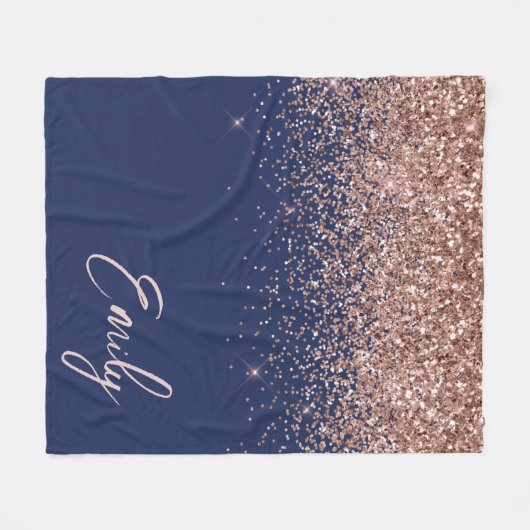 Navy Blue Rose Gold Blush Pink Glitzer Monogram Fleecedecke (Vorderseite (Horizontal))