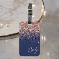 Navy Blue Rose Gold Blush Pink Glitzer Monogram