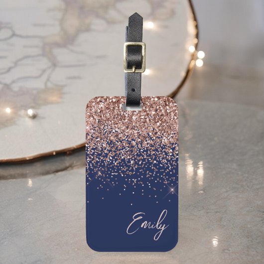 Navy Blue Rose Gold Blush Pink Glitzer Monogram Gepäckanhänger