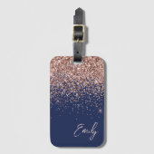 Navy Blue Rose Gold Blush Pink Glitzer Monogram Gepäckanhänger (Vorderseite Vertikal)