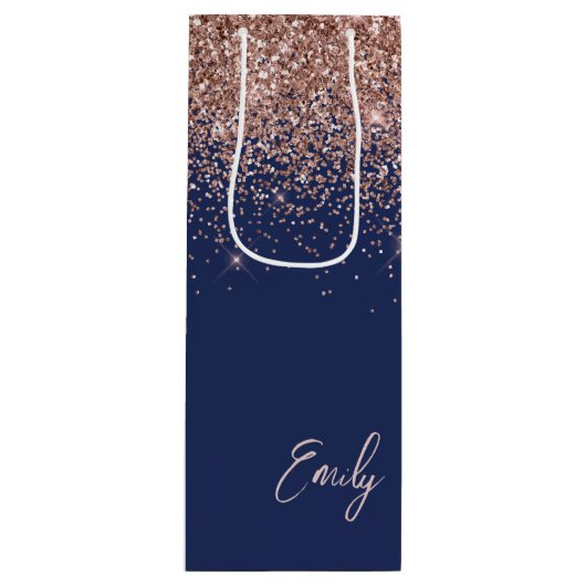 Navy Blue Rose Gold Blush Pink Glitzer Monogram Geschenktüte Für Weinflaschen (Vorderseite)