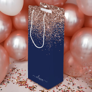 Navy Blue Rose Gold Blush Pink Glitzer Monogram Geschenktüte Für Weinflaschen