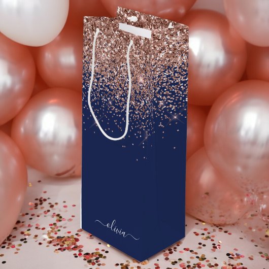 Navy Blue Rose Gold Blush Pink Glitzer Monogram Geschenktüte Für Weinflaschen