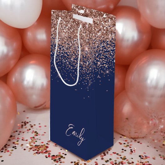 Navy Blue Rose Gold Blush Pink Glitzer Monogram Geschenktüte Für Weinflaschen