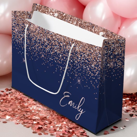 Navy Blue Rose Gold Blush Pink Glitzer Monogram Große Geschenktüte