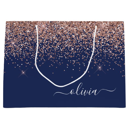 Navy Blue Rose Gold Blush Pink Glitzer Monogram Große Geschenktüte (Vorderseite)