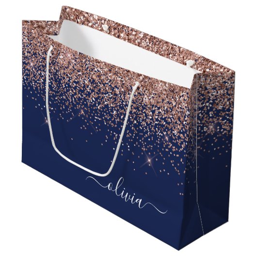 Navy Blue Rose Gold Blush Pink Glitzer Monogram Große Geschenktüte (Vorderseite Schrägansicht)