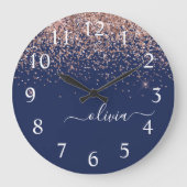 Navy Blue Rose Gold Blush Pink Glitzer Monogram Große Wanduhr (Vorderseite)