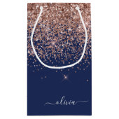 Navy Blue Rose Gold Blush Pink Glitzer Monogram Kleine Geschenktüte (Rückseite)