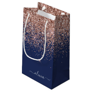 Navy Blue Rose Gold Blush Pink Glitzer Monogram Kleine Geschenktüte