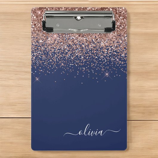 Navy Blue Rose Gold Blush Pink Glitzer Monogram Mini Klemmbrett