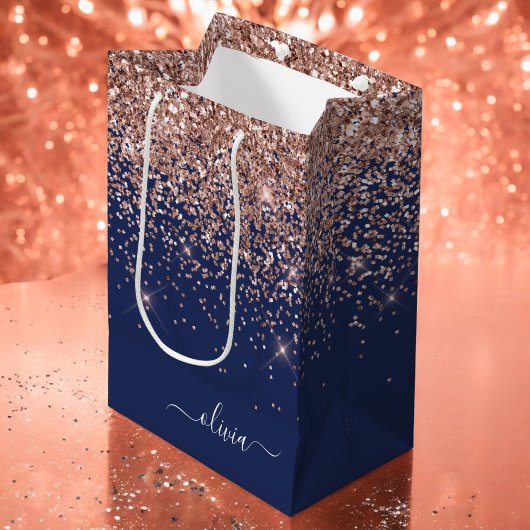 Navy Blue Rose Gold Blush Pink Glitzer Monogram Mittlere Geschenktüte