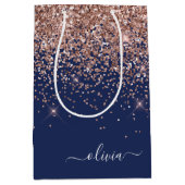 Navy Blue Rose Gold Blush Pink Glitzer Monogram Mittlere Geschenktüte (Vorderseite)