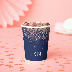 Navy Blue Rose Gold - Blush Pink Glitzer Monogram Pappbecher