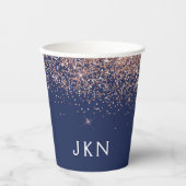 Navy Blue Rose Gold - Blush Pink Glitzer Monogram Pappbecher (Vorderseite)