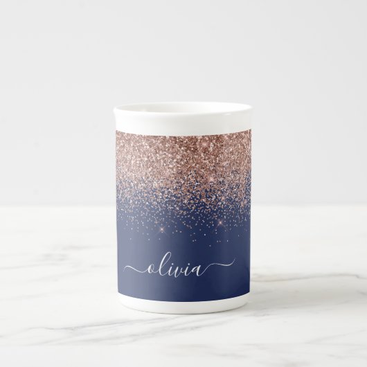 Navy Blue Rose Gold Blush Pink Glitzer Monogram Porzellantasse (Vorderseite)