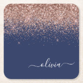 Navy Blue Rose Gold Blush Pink Glitzer Monogram Rechteckiger Pappuntersetzer (Vorderseite)