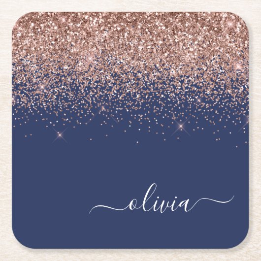 Navy Blue Rose Gold Blush Pink Glitzer Monogram Rechteckiger Pappuntersetzer (Vorderseite)