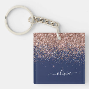 Navy Blue Rose Gold Blush Pink Glitzer Monogram Schlüsselanhänger