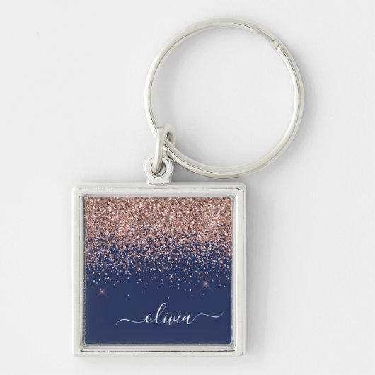 Navy Blue Rose Gold Blush Pink Glitzer Monogram Schlüsselanhänger (Vorne)